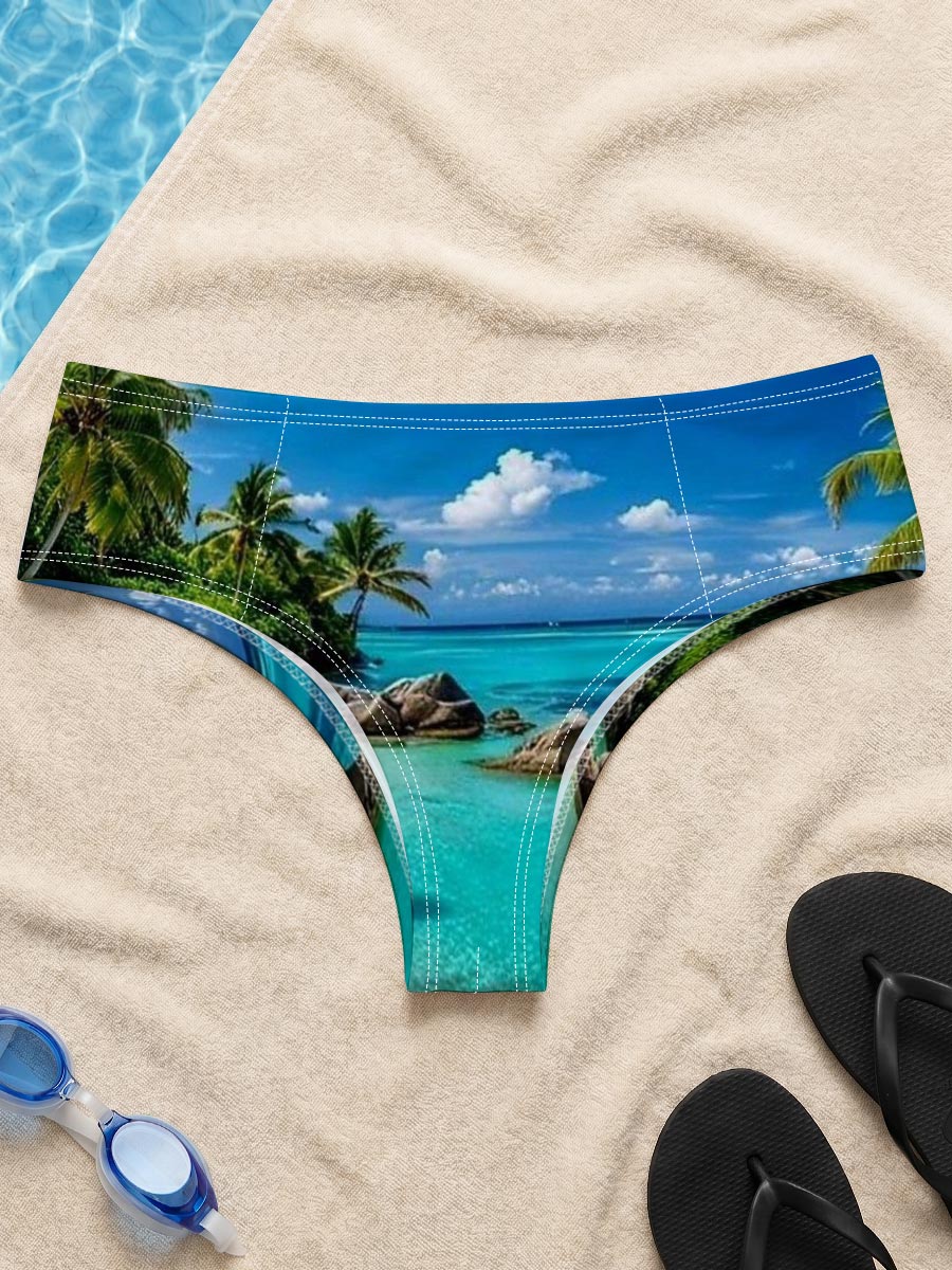Couple relaxing on a tropical beach with turquoise waters and palm trees -  Men's swim trunks