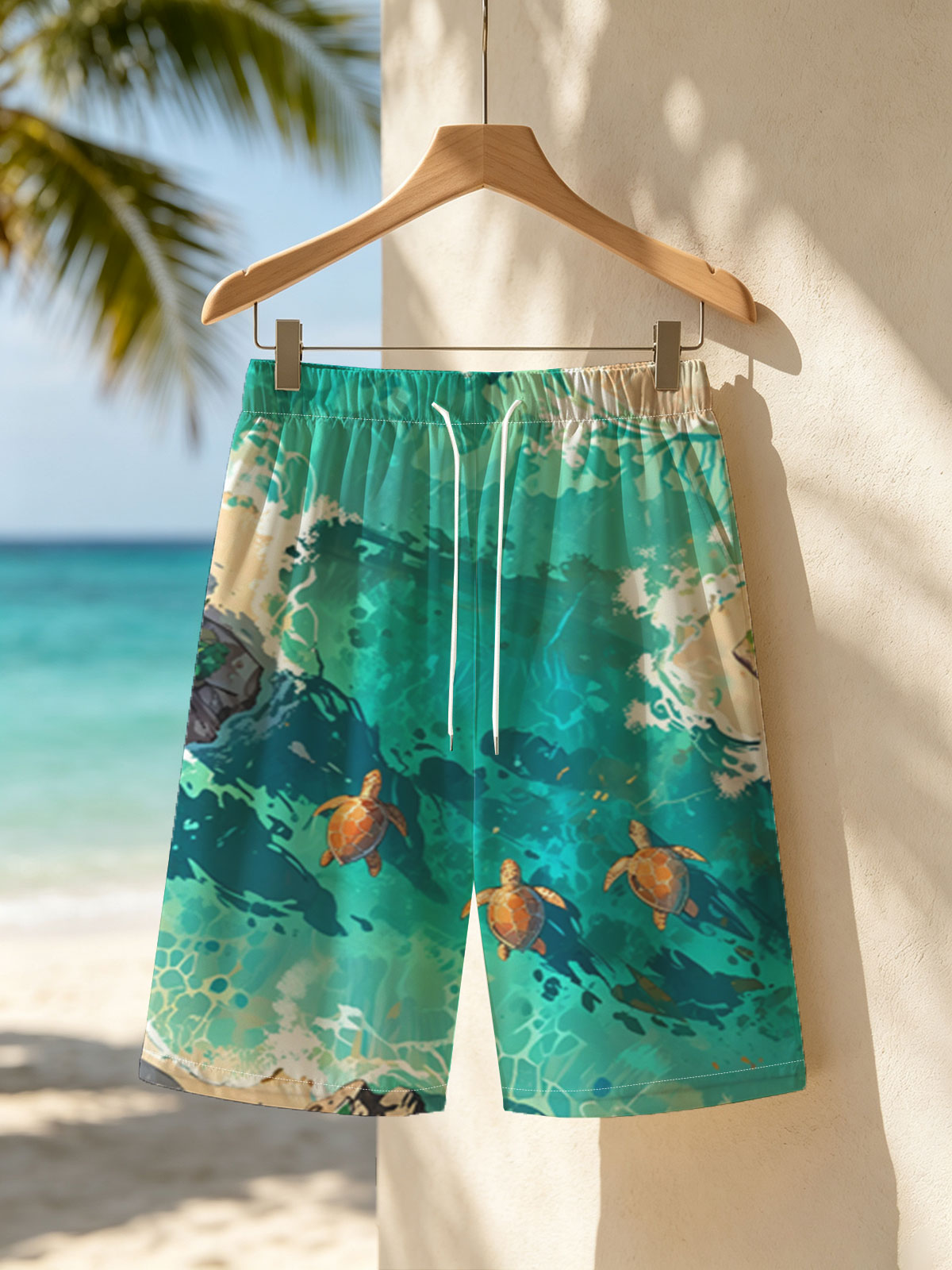 Turtles swimming in crystal-clear tropical waters near sandy shores and palm trees. -  Beach shorts