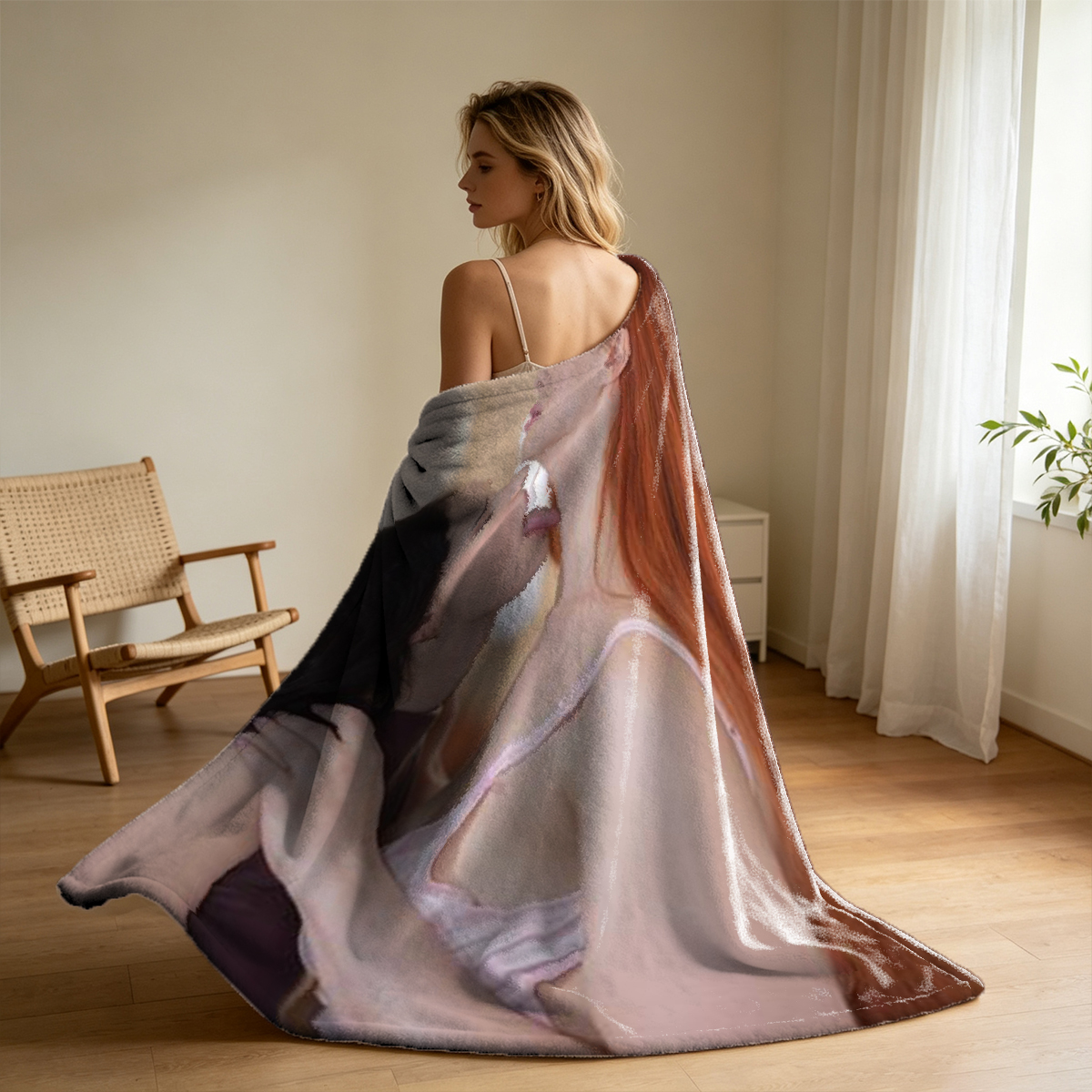 A woman in a pink robe posing on a sofa. - Blanket