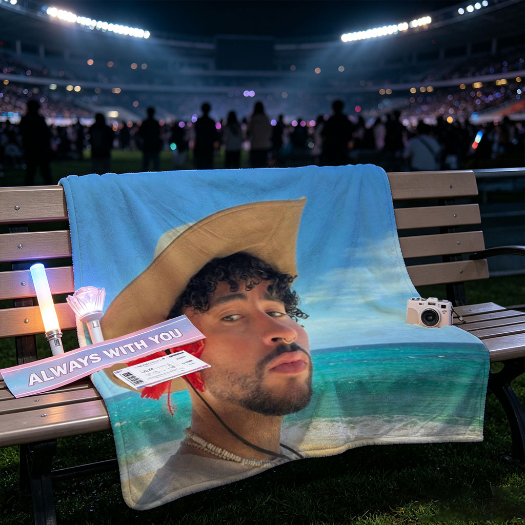 Bad Bunny on the Beach Wearing a Straw Hat with Red Flower and Beaded Necklace - Blankets