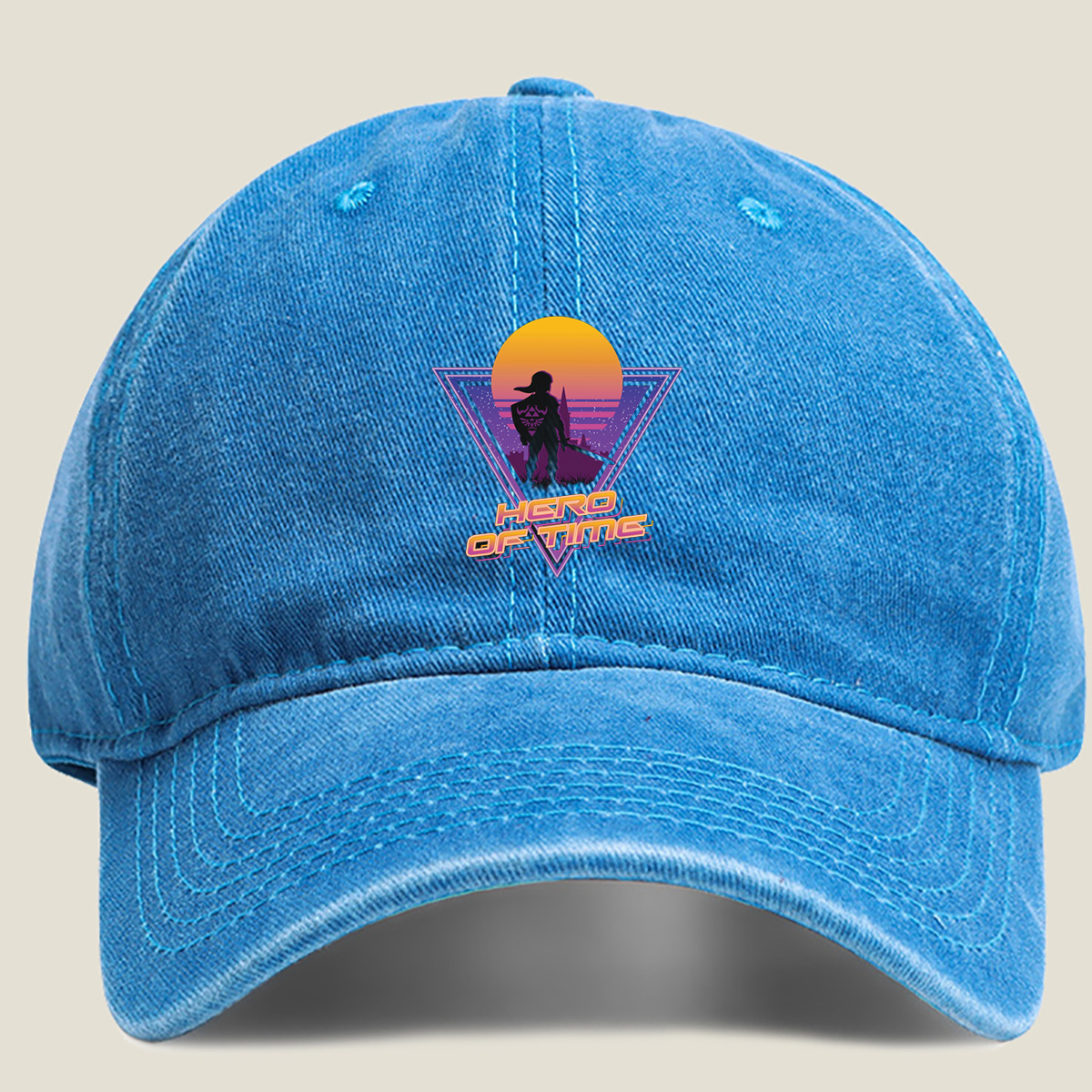Hero of Time: Link Silhouette in Retro Sunset Scene - Washed Denim - Baseball Cap