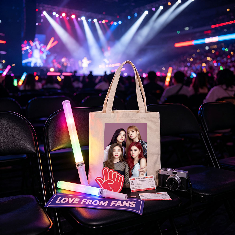 BLACKPINK Group Portrait - Four Members in Stylish Outfits Against Purple Background - Canvas tote bags