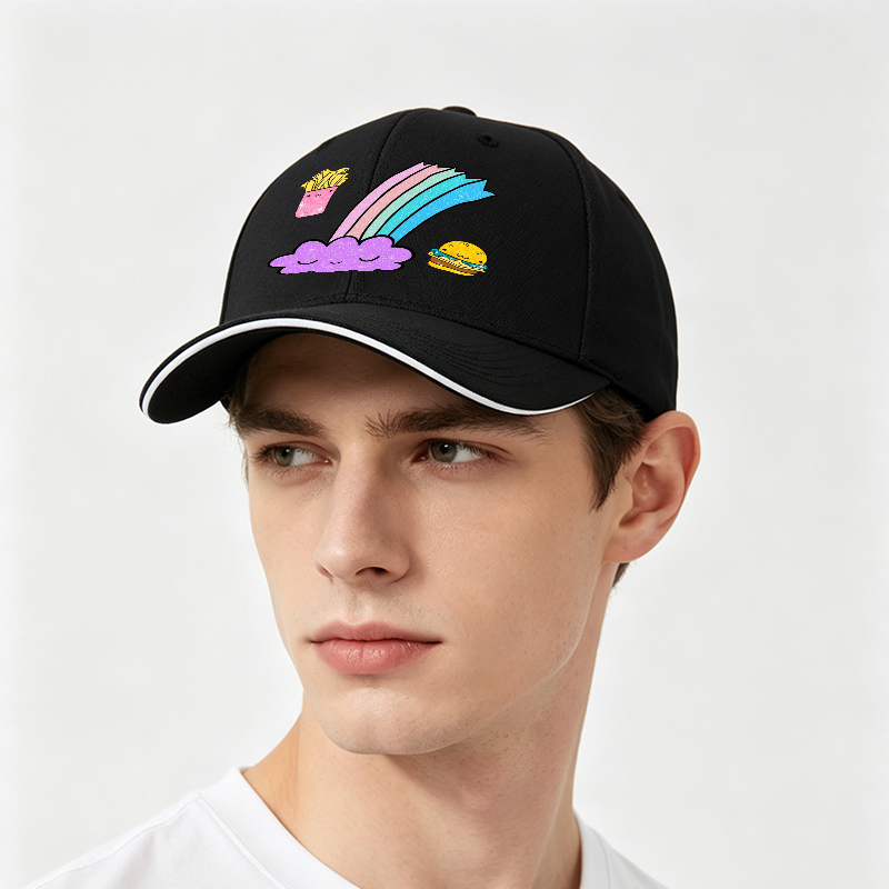 Unisex Classic Sandwich Hat with Kawaii Rainbow Cloud, Happy Burger & Fries Print – Perfect for Casual Outings, Festivals, and Daily Wear – Ideal for Teens and Young Adults Loving Fun Food-Themed Fashion