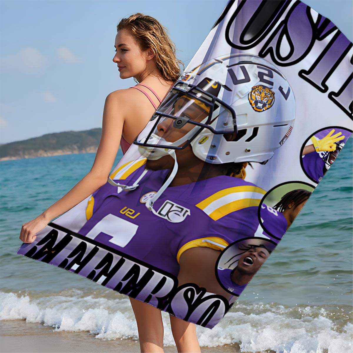 Justin Jefferson LSU Football Player Highlight Collage - Beach towels