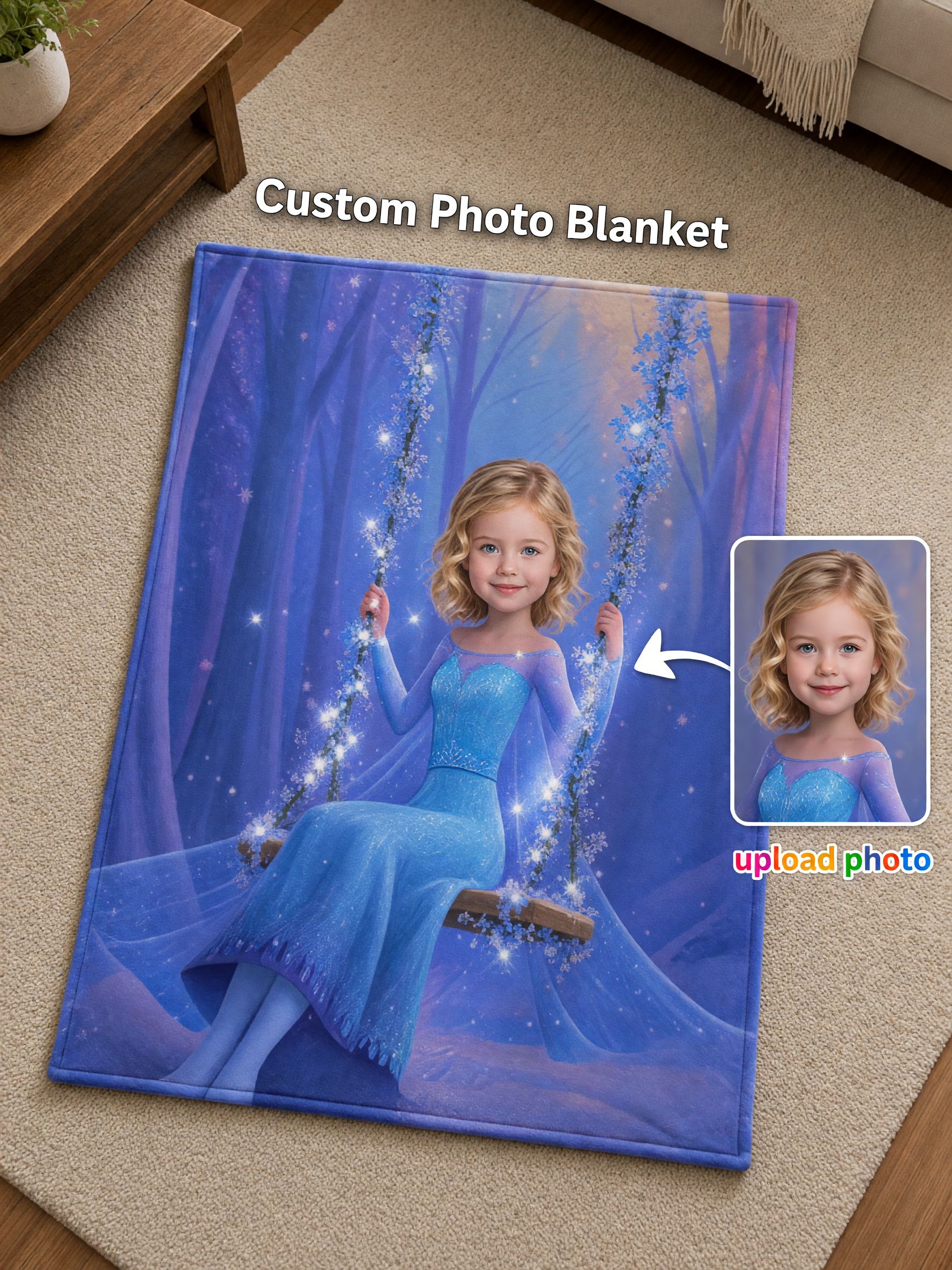 Custom Face Photo Blanket Personalized Ice Princess Flannel Fleece Throw for Bed Couch Ideal Personalized Gift