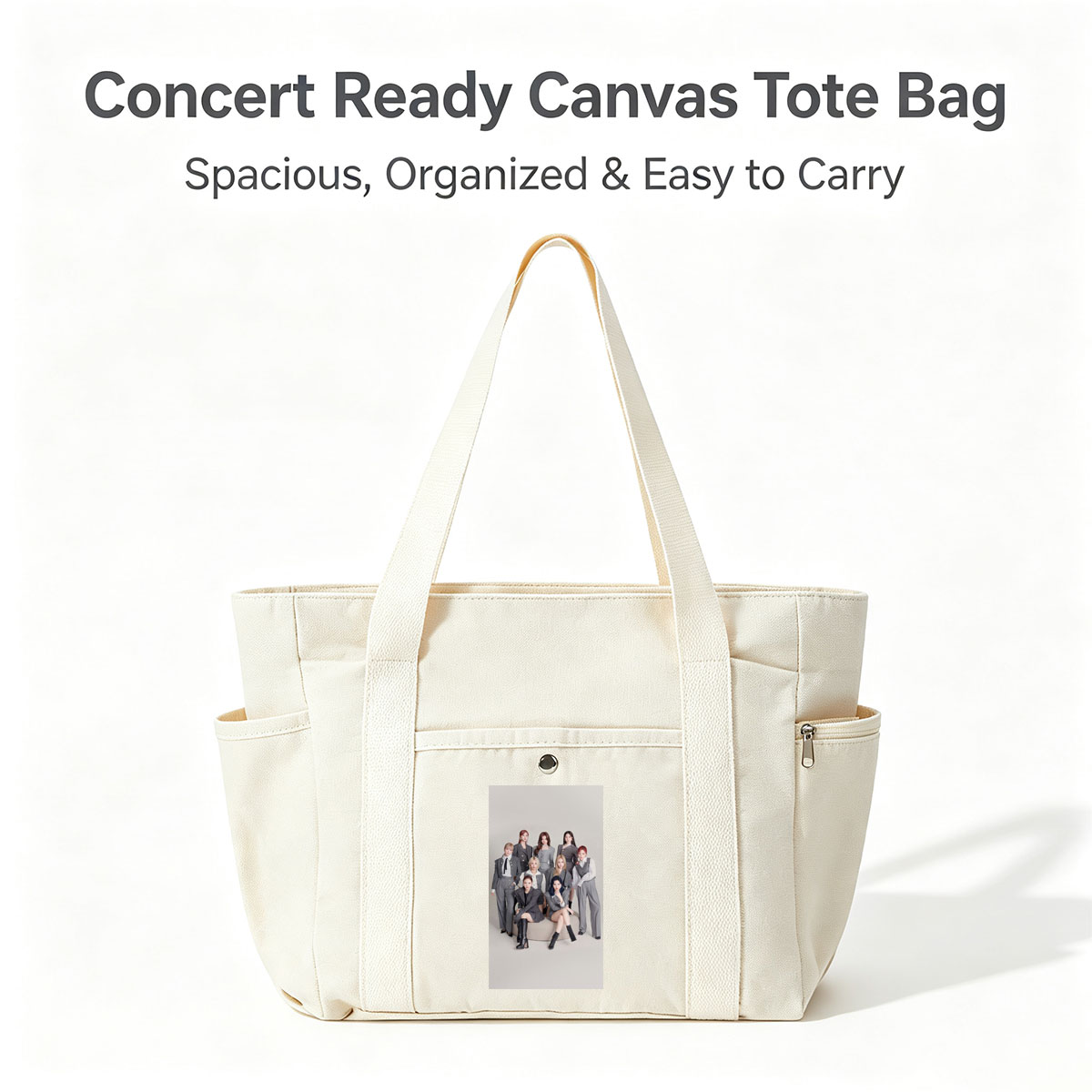 Twice Group in Stylish Gray Suits Posed on a Minimalist Set - Multi-pocket bags