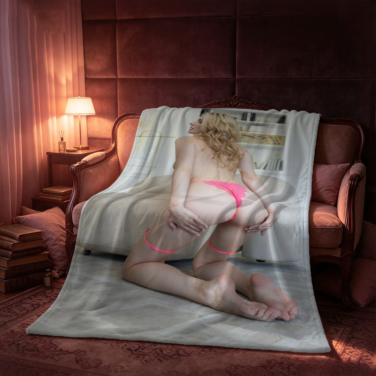 Let the Sky Fall - Blonde in Ripped Off-Shoulder Top and Denim Shorts on Bed - Blanket