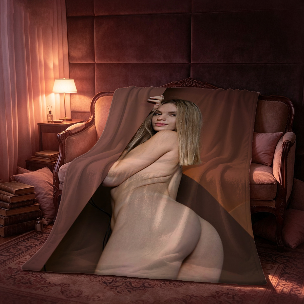 Two Lesbians Kissing in Bedroom - Blonde in Sheer Stockings and Brunette in Black Lace Thong and Heels - Blanket