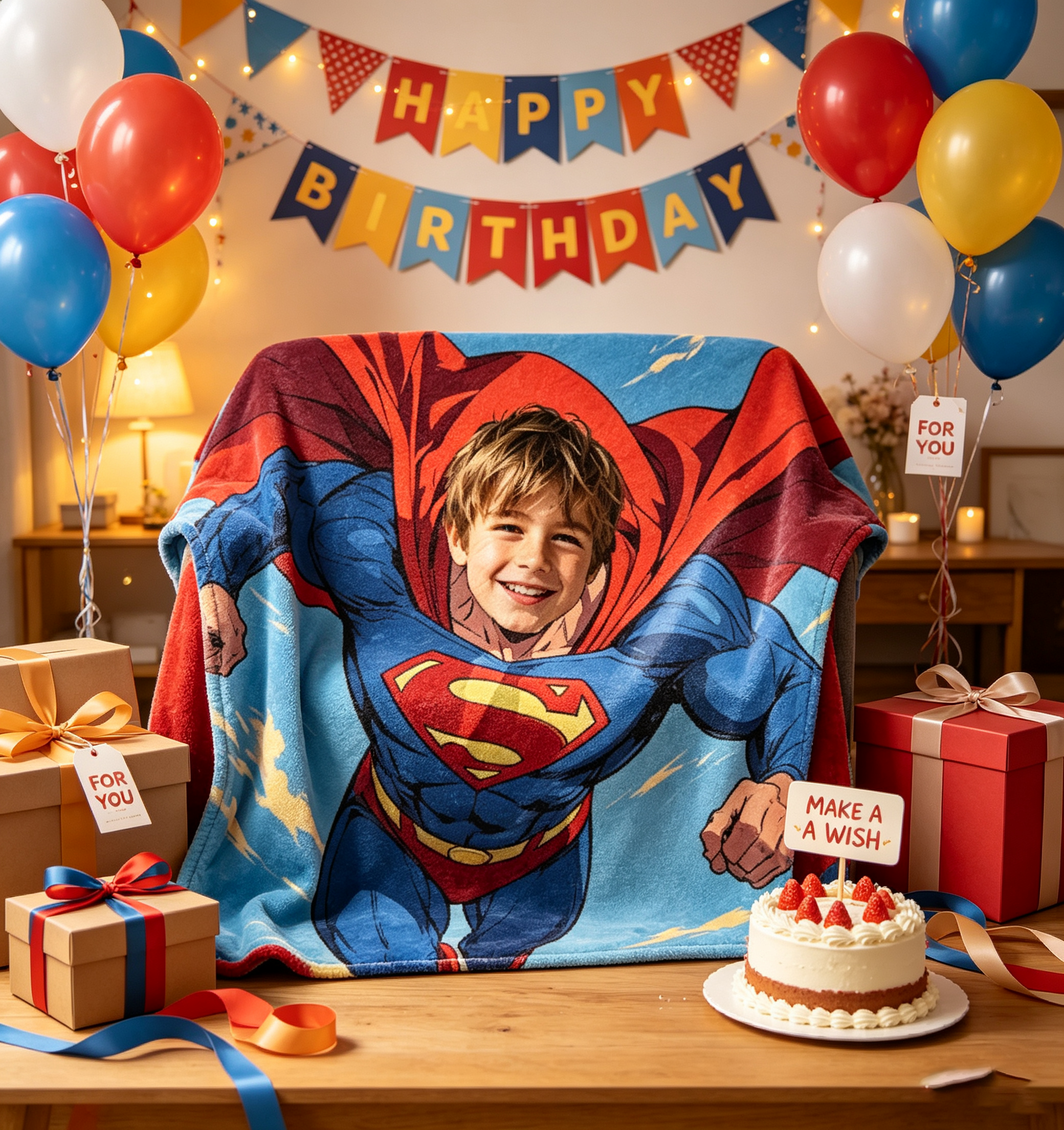 Custom Superhero Blanket – Personalized Name & Face, Soft Fleece Throw