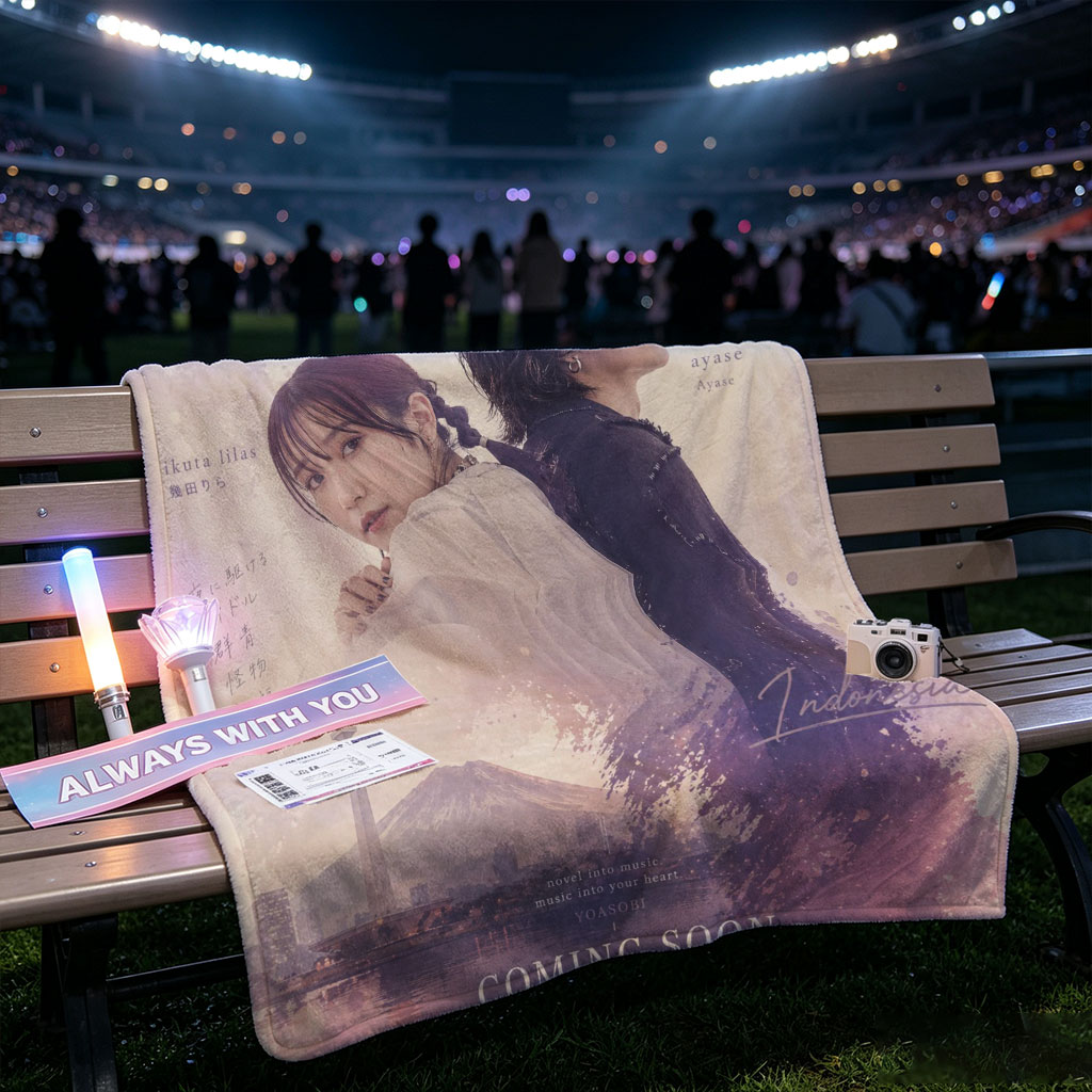 YOASOBI Live in Indonesia Concert Poster Featuring Ikuta Lilas and Ayase with Mount Fuji and Cityscape Background - Blankets