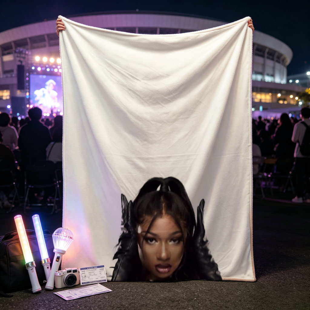 Megan Thee Stallion in a Bold Black Outfit with Hands on Head Against White Background - Blankets