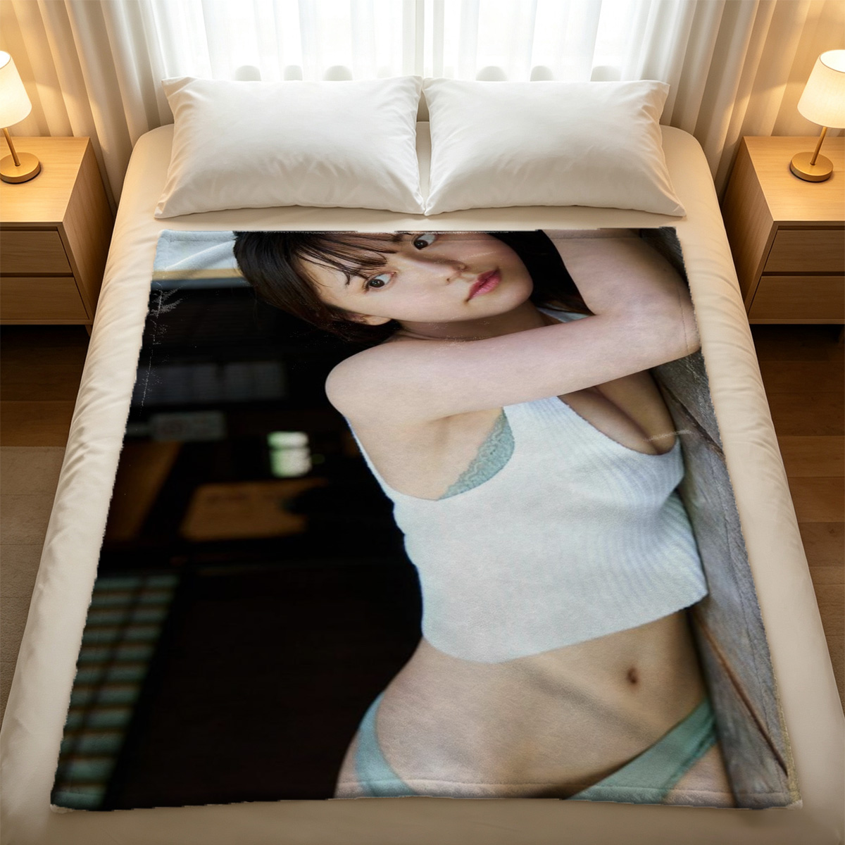 Aubrey Kate in white shirt and thong posing on dining table. - Blanket
