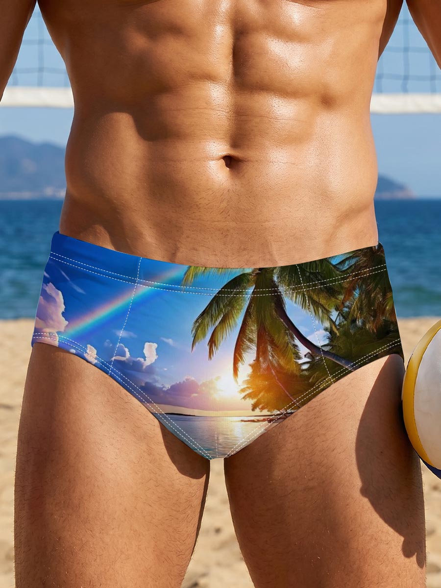 Tropical Beach with Rainbow and Palm Trees at Sunset -  Men's swim trunks