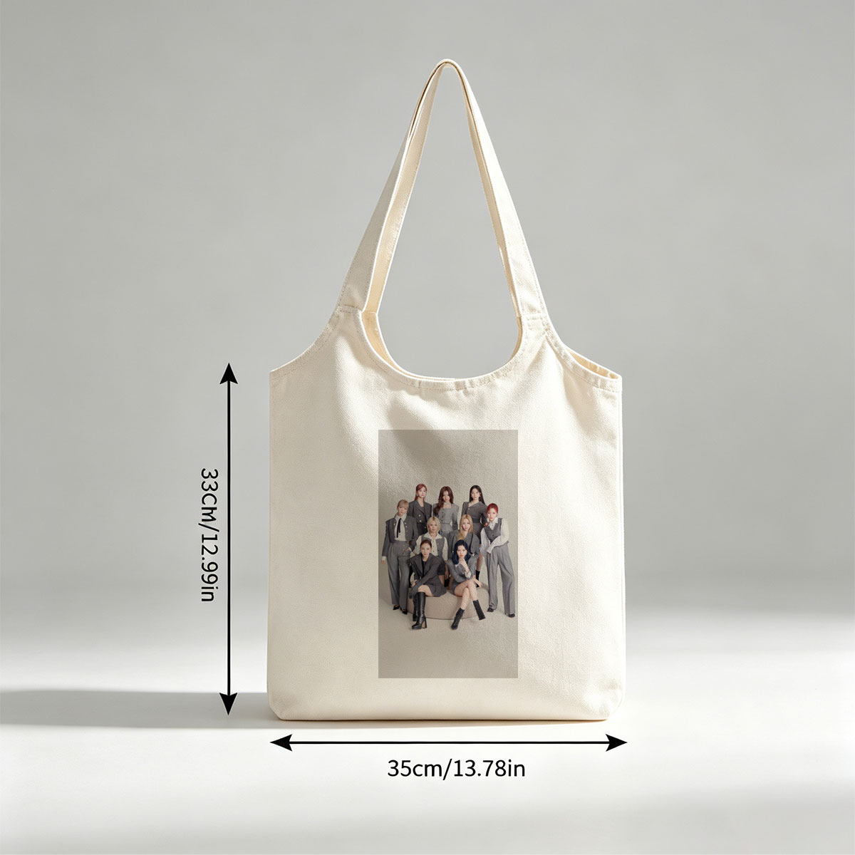 Twice Group in Stylish Gray Suits Posed on a Minimalist Set - Canvas shoulder bags/