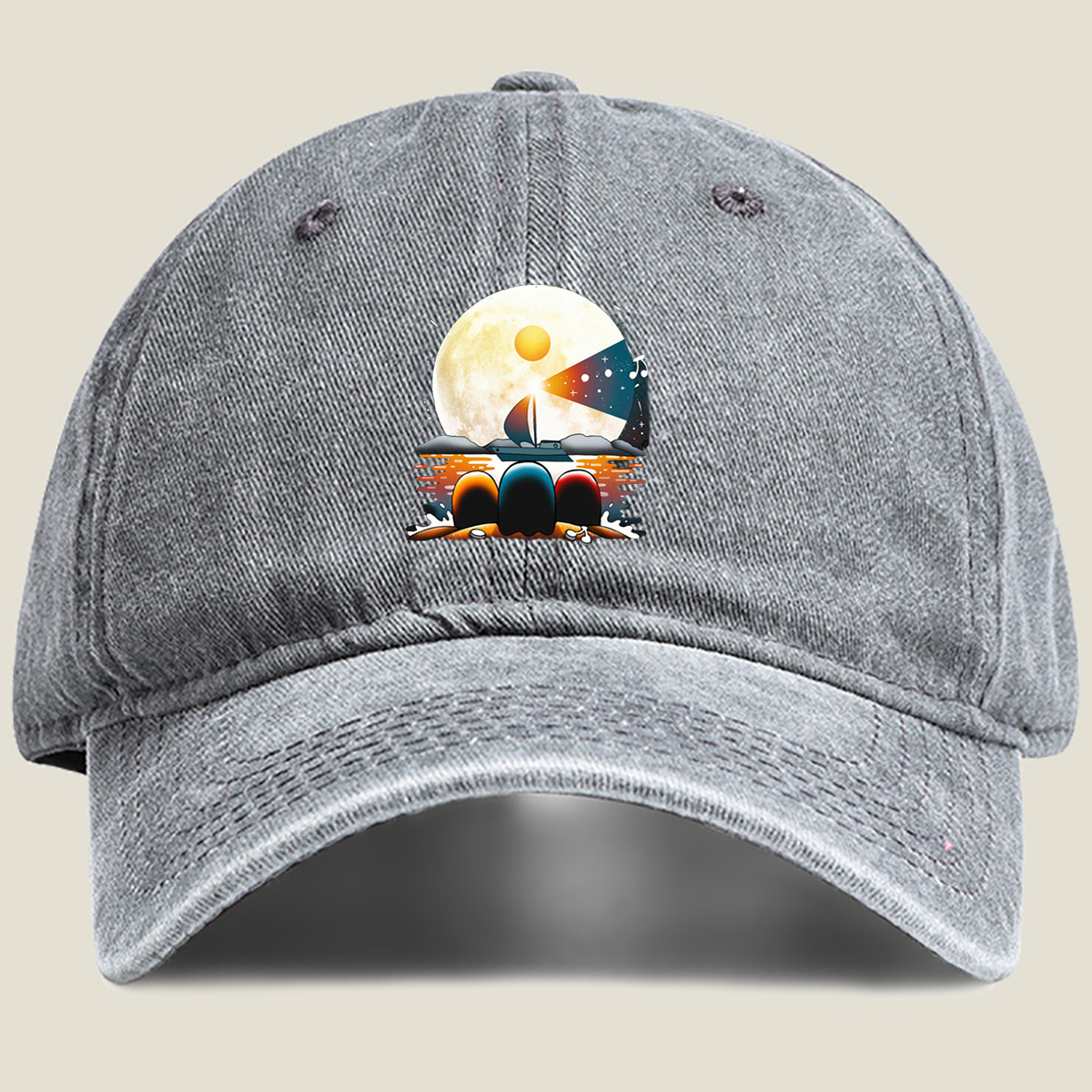 Sailboat Under the Moonlight with Musical Notes - Washed Denim - Baseball Cap