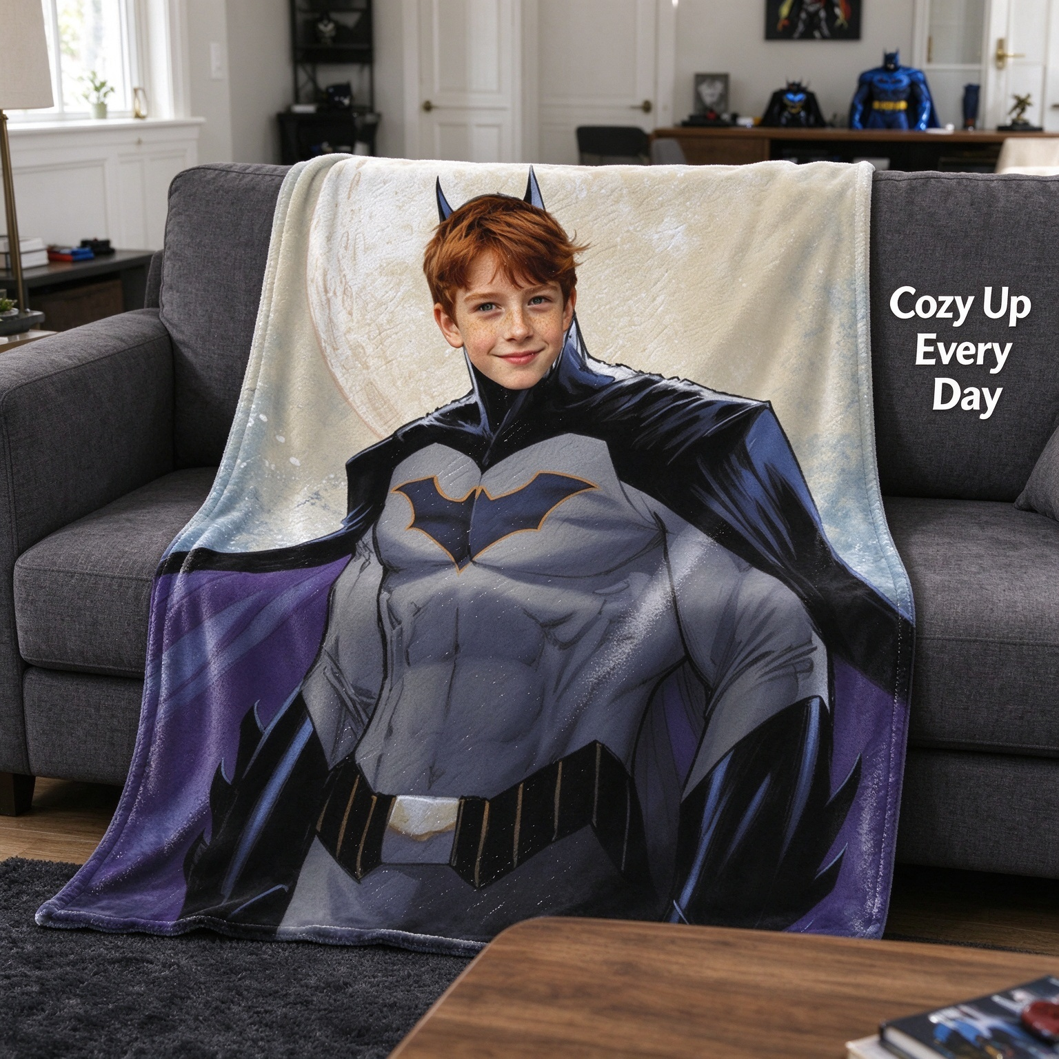 Personalized Superhero Face Photo Blanket, Custom Ultra Soft Flannel Throw Fleece Bedding Wrap, Ideal Cozy Gift for Kids