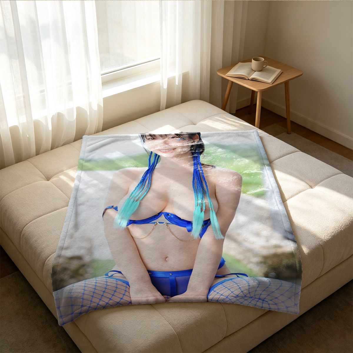 Nude Brunette Lifting Satin Dress in Modern Interior - Blanket