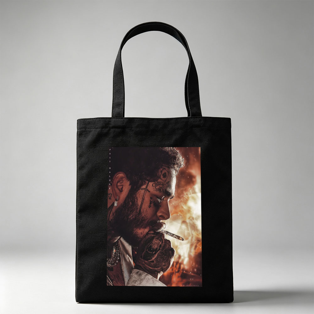 Post Malone Smoking Cigarette with Tattooed Face and Intense Background - Canvas tote bags