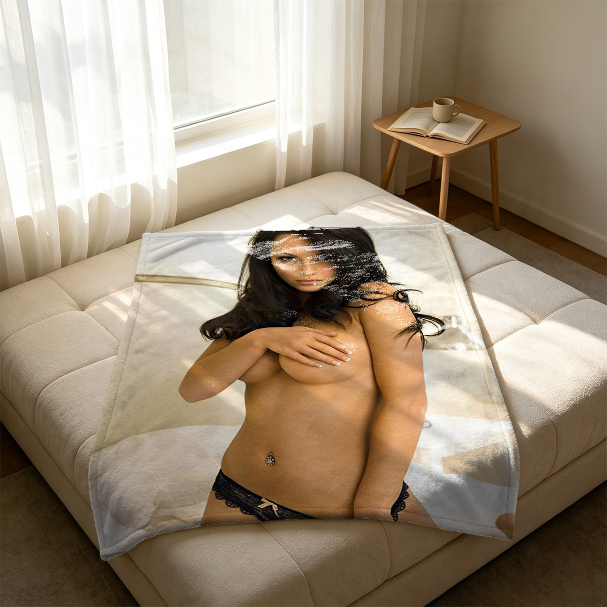 Woman in pink lace teddy posing in front of ornate mirror. - Blanket