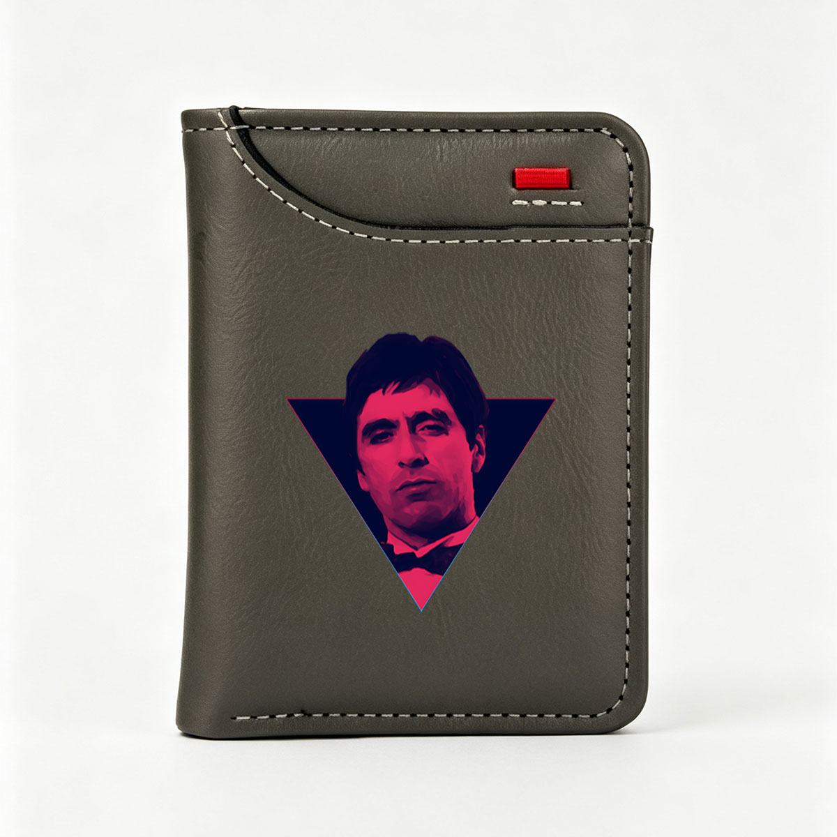 Al Pacino in a stylized portrait with vibrant pink and blue tones, framed within a triangle. - Vertical Style Wallet
