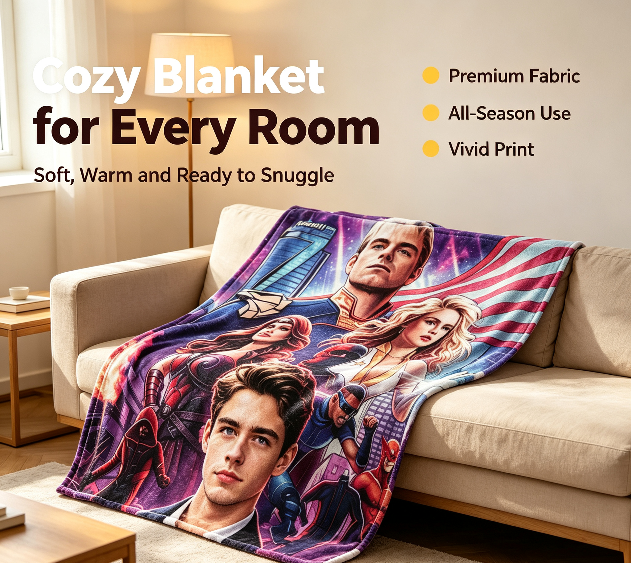 Custom Face Blanket Superhero Team Art Flannel Blanket Perfect for Couch Lounging and Bedroom Decor Ideal Gift or Giveaway for Fans