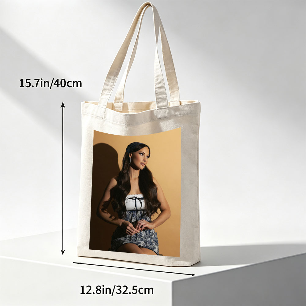 Lana Del Rey in a Stylish Blue and White Dress with Lace-Up Detail on a Warm Background - Canvas tote bags