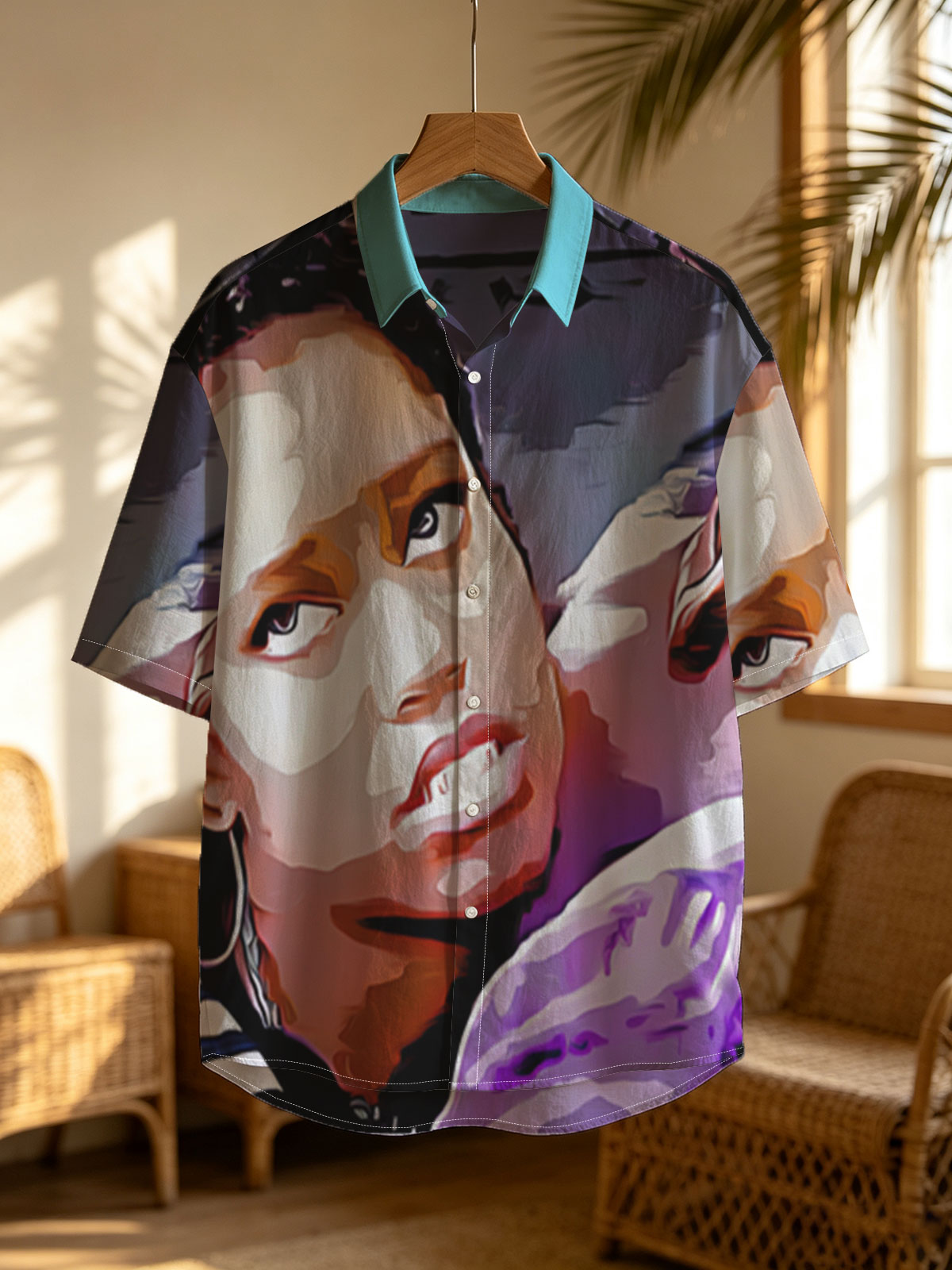 Woman with Braids and Hoop Earrings in Striped Shirt, Man in Purple Shirt with Tattooed Back -  Shirt