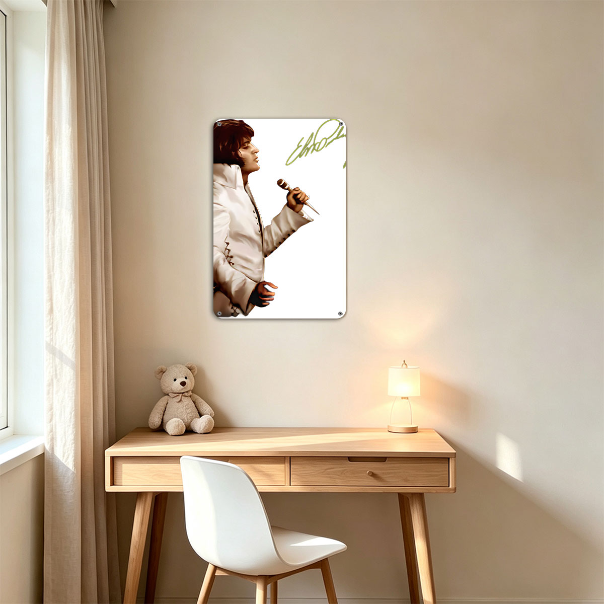 Elvis Presley in White Suit Holding Microphone, Signature Included - painting