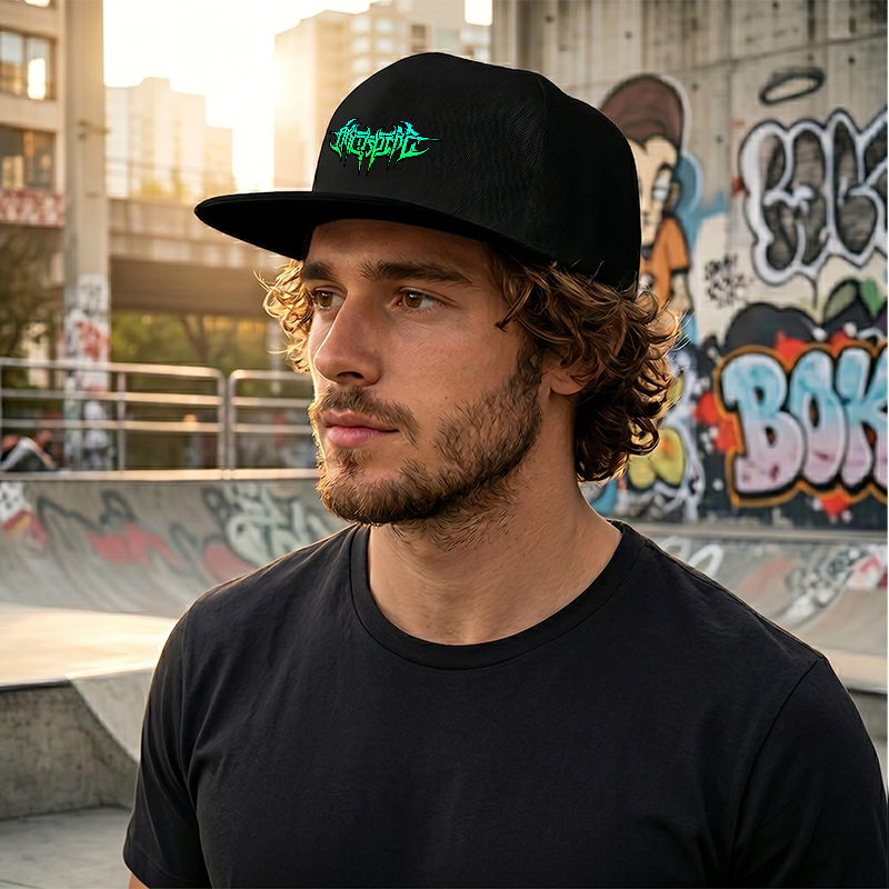 Flat Brim Baseball Cap with Neon Green Gothic Logo Print Streetwear Underground Skate Style for Basketball Court Skate Park Urban Lifestyle Skaters Rappers Streetwear Enthusiasts