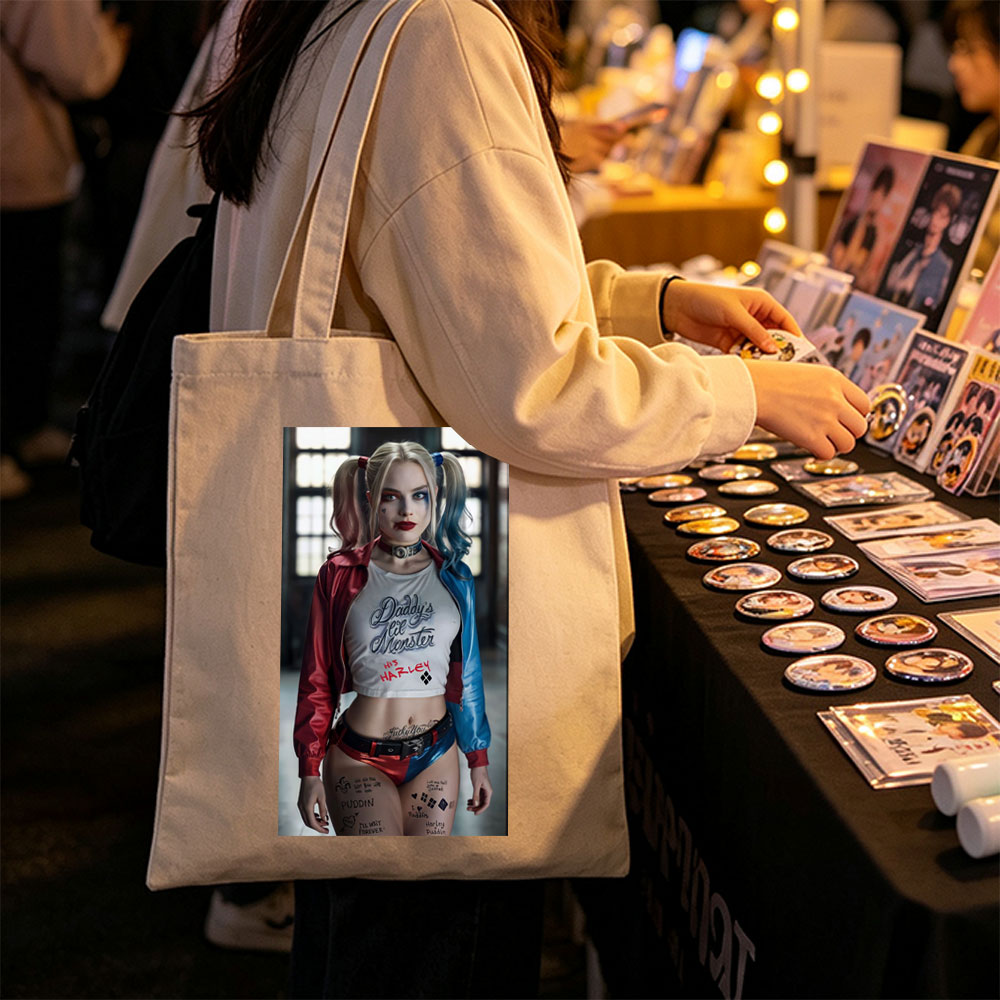 Margot Robbie as Harley Quinn in Suicide Squad - Iconic Costume and Bold Makeup Portrait - Canvas tote bags