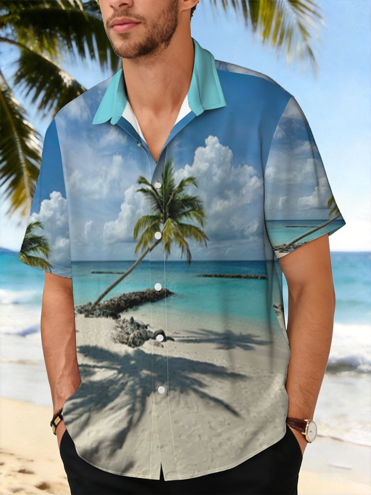Tropical beach with palm tree leaning over turquoise water and white sand under blue sky. -  Shirt