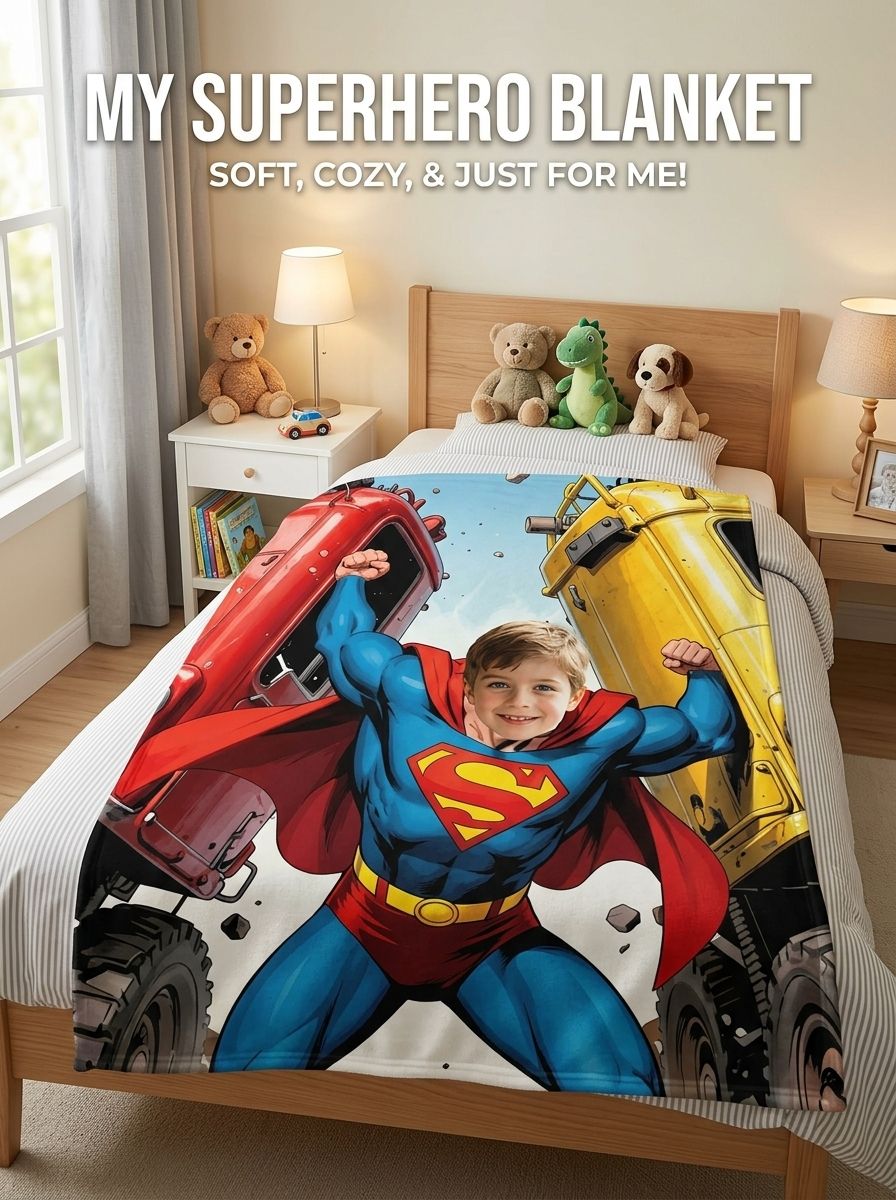 Custom Superhero Face Photo Blanket, Soft Anti-Pilling Flannel Throw for Bed and Couch, Personalized Cozy Keepsake Gift