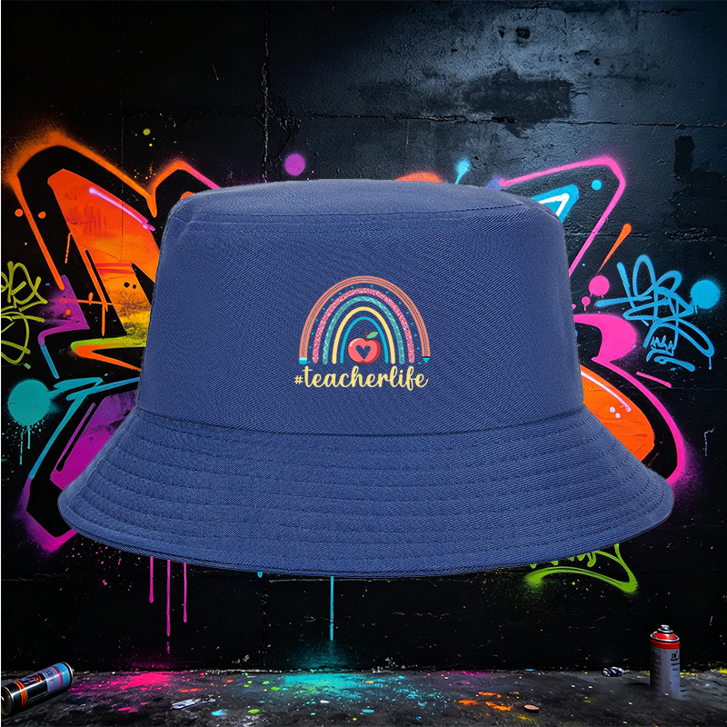 Unisex Bucket Hat with Rainbow Apple Print and #teacherlife Text – Classic Adjustable Sun Hat for Teachers, Outdoor Activities, and School Events – Perfect Gift for Educators and Teaching Professionals