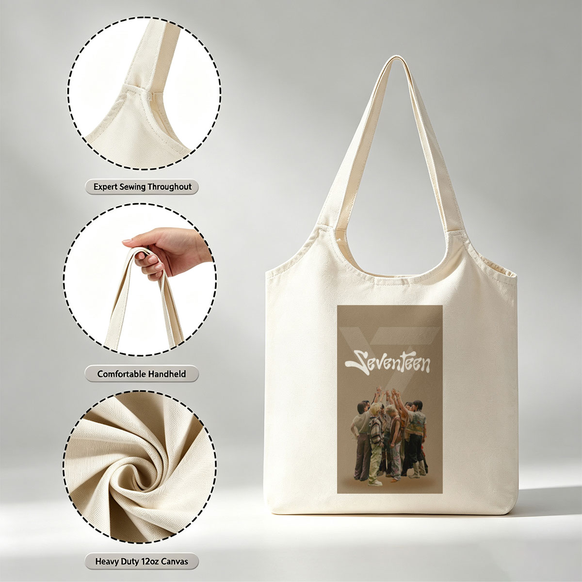 Seventeen Group Huddle Pose with Raised Hands in Stylish Outfits - Canvas shoulder bags/