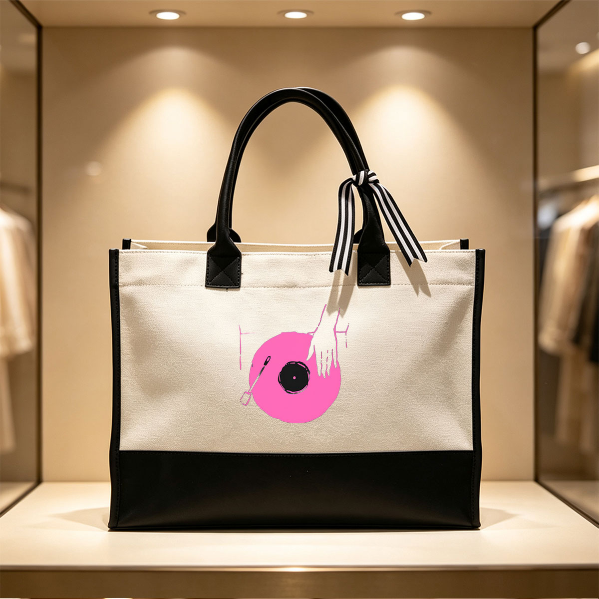 DJ Hand on Pink Vinyl Record - Canvas patchwork gift tote bag