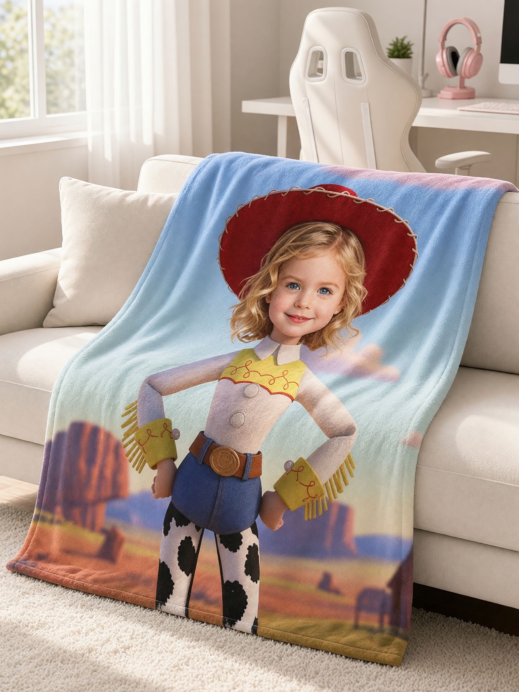 Custom Photo Cowgirl Fleece Blanket, Personalized Face Print Plush Throw for Kids and Family, Ideal Personalized Gift