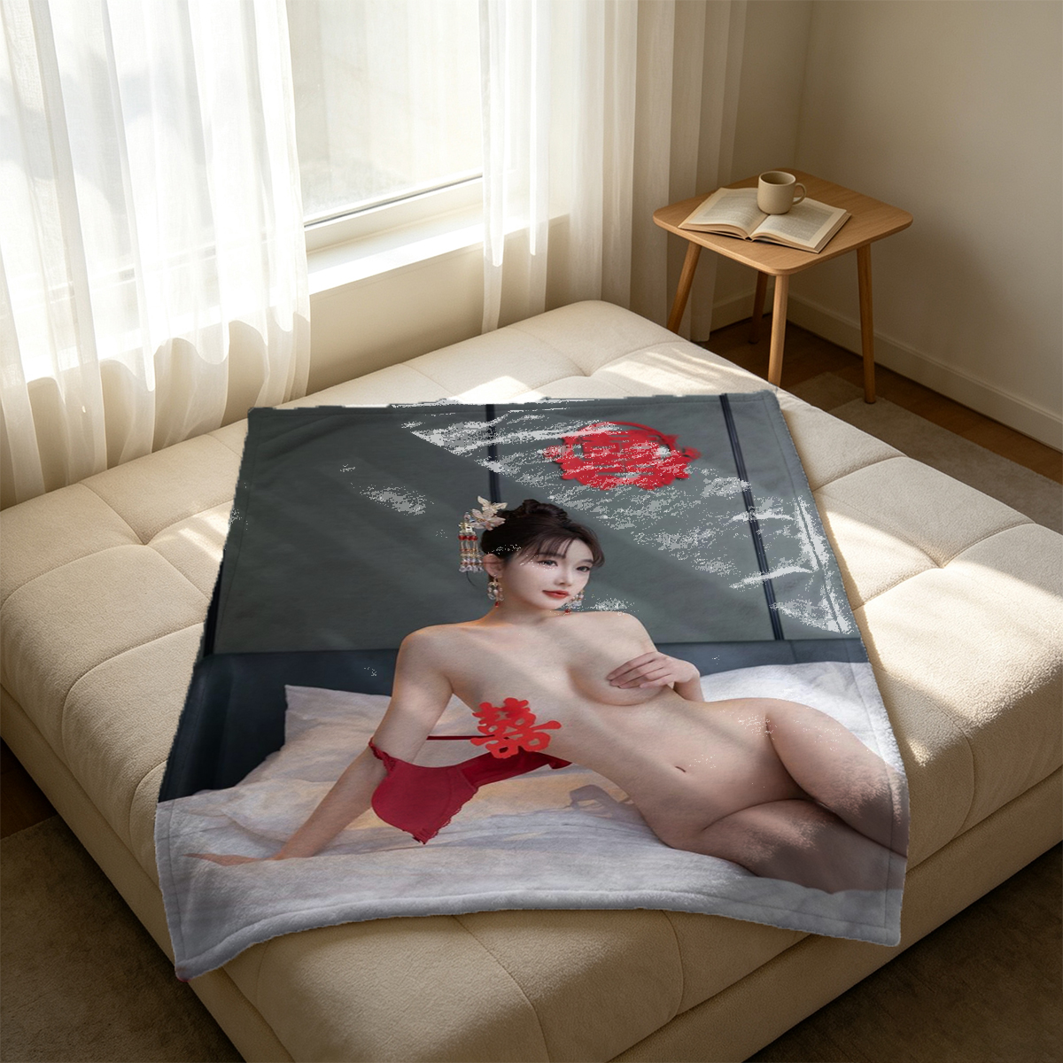 Nude Brunette with Long Braid Sitting on Bed in White Thong - Blanket