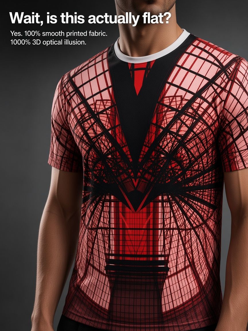 Red Geometric Grid 3D Optical Illusion Graphic Tee, Breathable Athletic Mesh T-Shirt for Casual and Sports Wear
