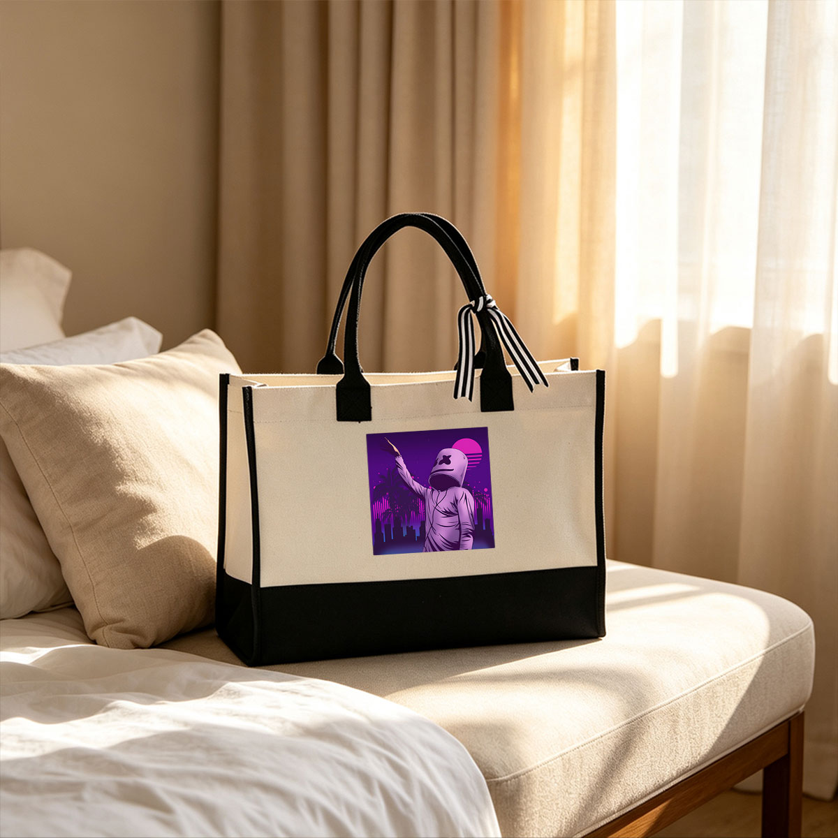 Marshmello in a vibrant purple cityscape with palm trees and a retro sunset - Canvas patchwork gift tote bag