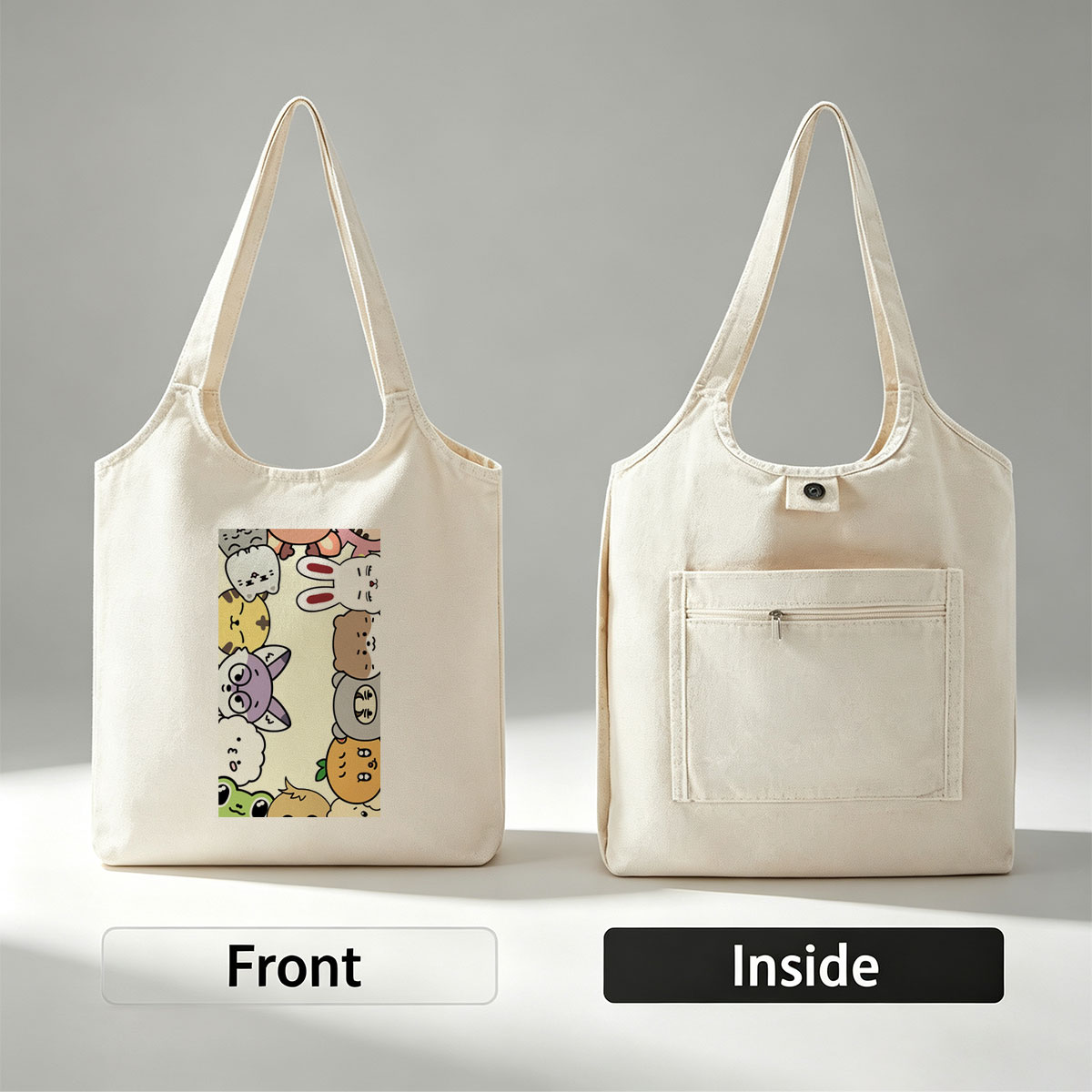Cute Cartoon Characters in a Playful Pattern with Whimsical Expressions and Bright Colors - Canvas shoulder bags/