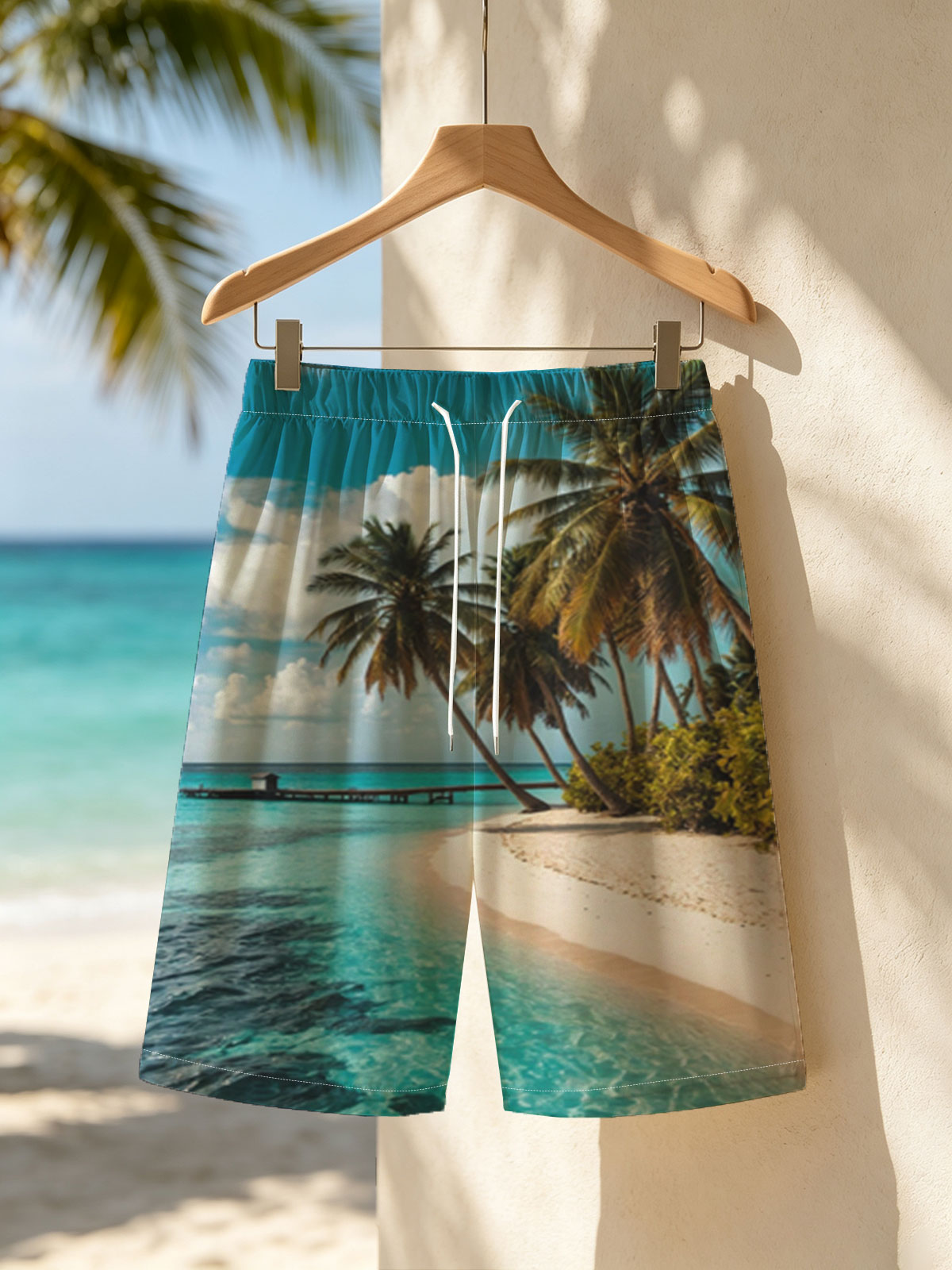 Tropical Beach with Palm Trees and Crystal Clear Water -  Beach shorts