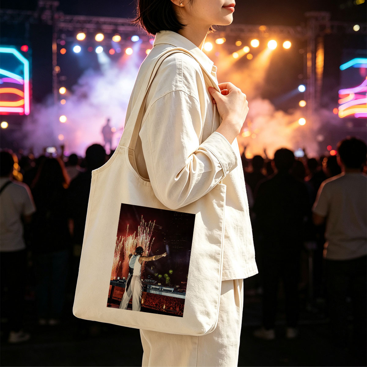 Martin Garrix Live Performance with Fireworks and Crowd at Nighttime Concert - Canvas shoulder bags/