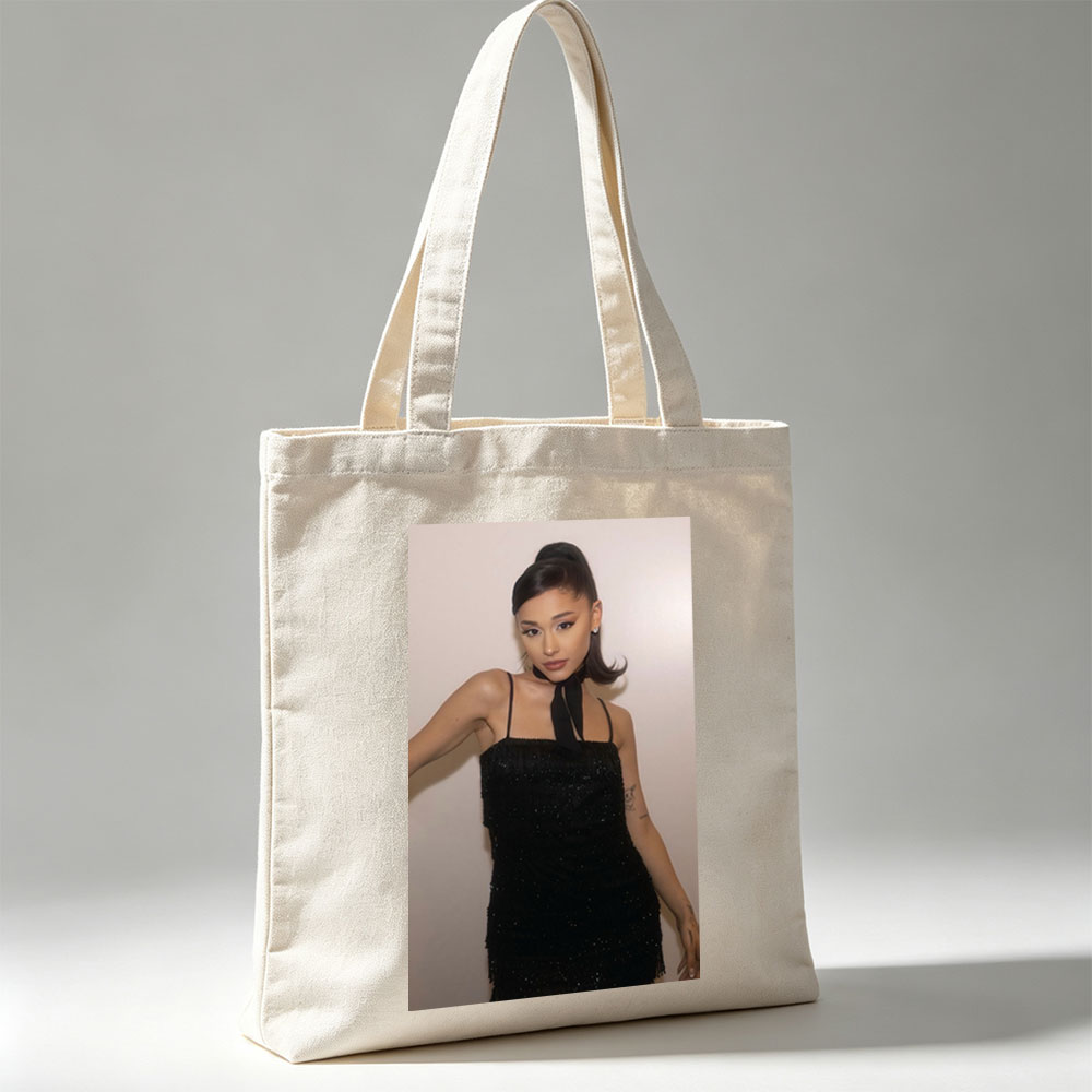 Ariana Grande in a Black Sparkle Dress with High Ponytail and Elegant Makeup - Canvas tote bags