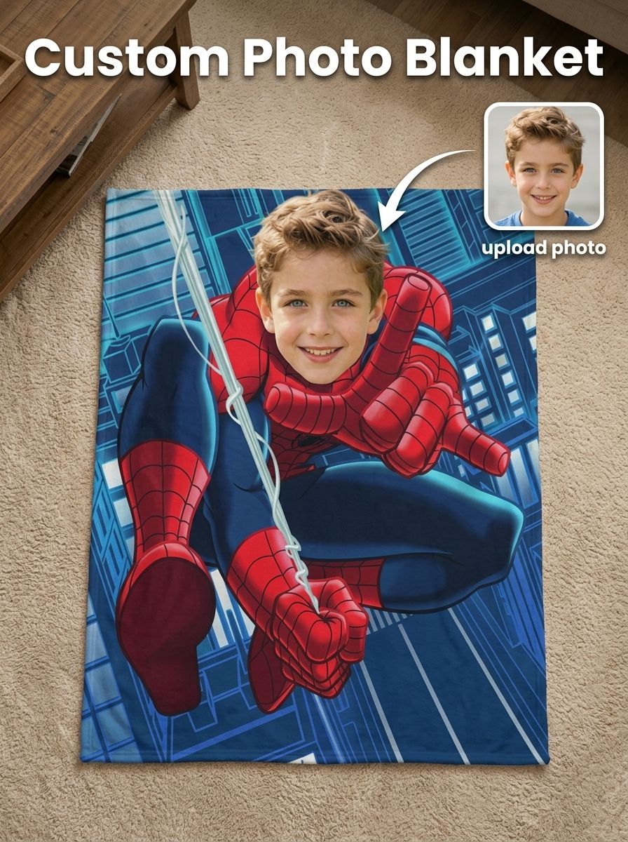 Custom Face Superhero Flannel Blanket, Personalized Photo Throw for Kids and Adults, Cozy Ultra-Soft Fleece Gift