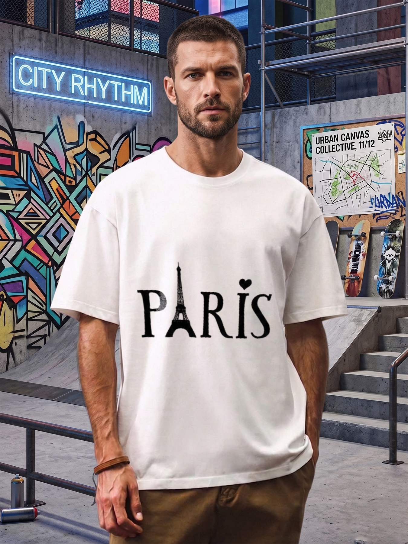 Men's Printed T-Shirt Paris Eiffel Tower Heart Design Casual Round Neck Summer Lightweight Breathable Short Sleeve Tee for Travel City Exploration Urban Style Adults