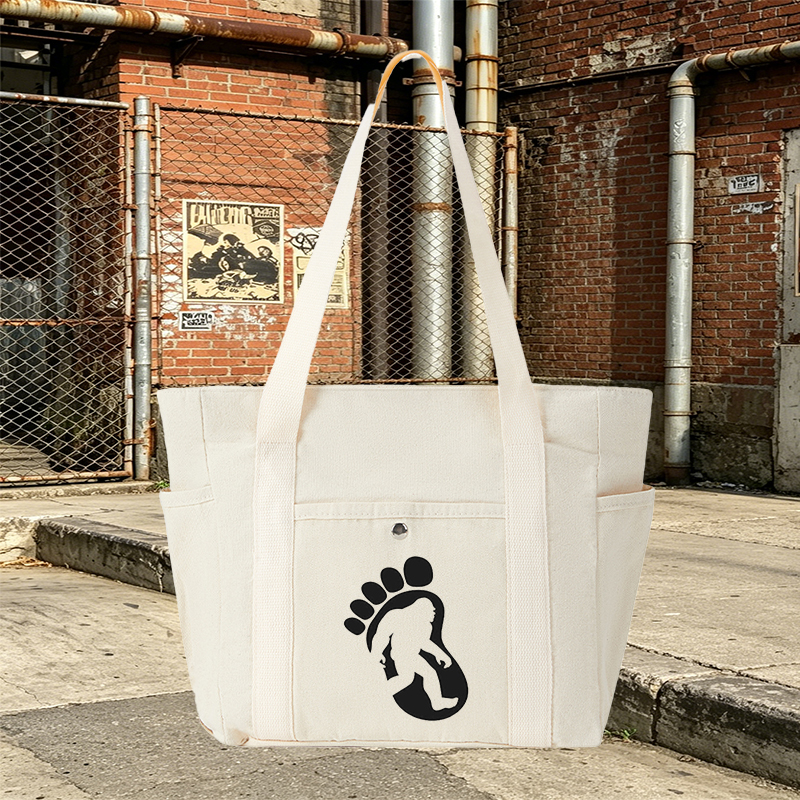 Multi Pocket Bag Beige with Bigfoot Silhouette Print and Footprint Design | Multi Pocket Bag Beige for Outdoor Adventures, Hiking, and Everyday Use | Ideal for Nature Enthusiasts and Adventure Seekers
