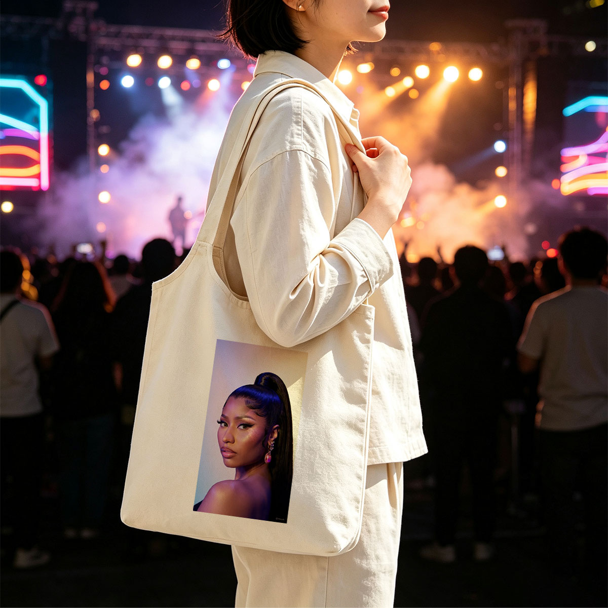 Nicki Minaj in a Stunning Portrait with Bold Makeup and High Ponytail Under Purple Lighting - Canvas shoulder bags/