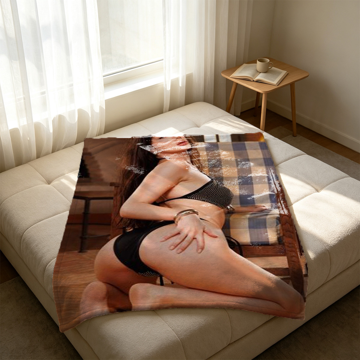Fishnet Bodysuit and Heels on Bed - Blanket