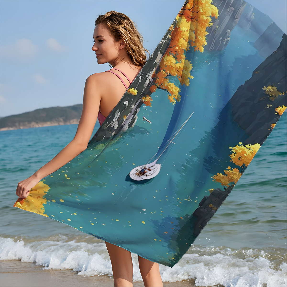 Sailboat Gliding Through Autumn Canyon - Beach towels