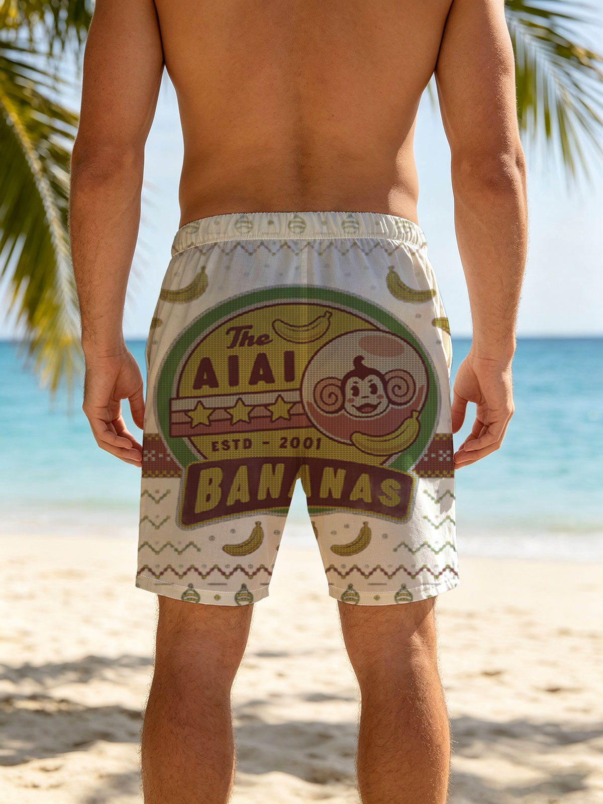 The AIAI Bananas - Est. 2001, Monkey Logo with Bananas and Festive Pattern -  Beach shorts